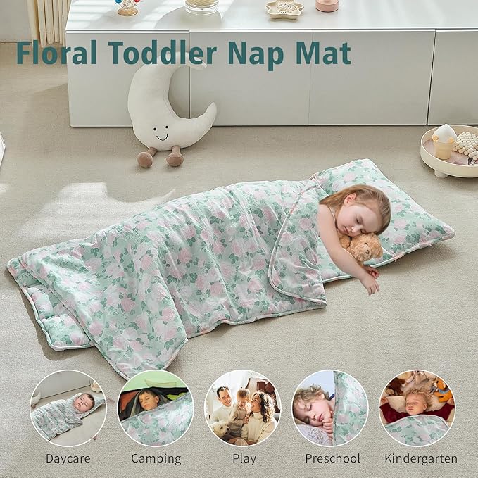 Toddler Nap Mat with Removable Pillow,Ultra Soft Slumber Bags for Girls,Kids Sleeping Bags with Roll Up Design, Perfect for Preschool,Daycare,Kindergarten