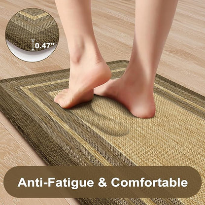 KIMODE Anti Fatigue Kitchen Mat, Cushioned Boho Kitchen Rugs Sets of 2, Non Slip Farmhouse Kitchen Mats for Floor, Waterproof Standing Desk Mats for Laundry Office Sink Brown/Khaki 20"x47"+20"x32"