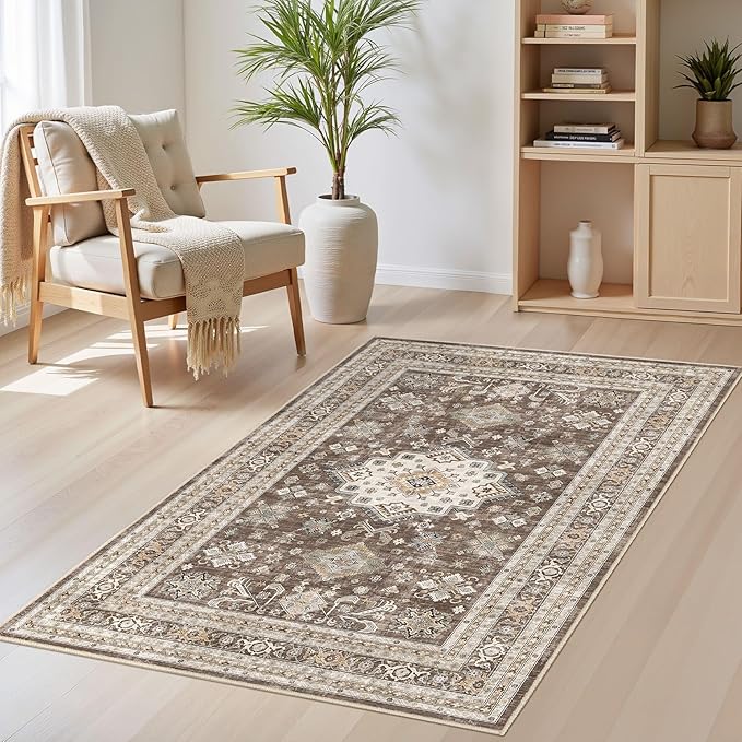 Vintage Living Room Area Rug 3x5 - Large Soft Washable Oriental Traditional Distressed Farmhouse Rugs for Bedroom - Indoor Floor Accent Carpet for Home Office House Decor - Dark Brown