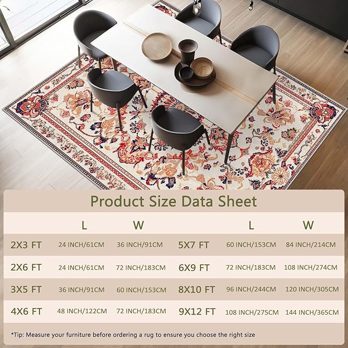 6x9 Traditional Oriental Area Rug Boho Orange White Rug Non Slip Low Pile Large Carpet for Home Kitchen Living Room Bedroom Dining Room Office