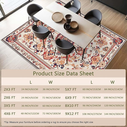 6x9 Traditional Oriental Area Rug Boho Orange White Rug Non Slip Low Pile Large Carpet for Home Kitchen Living Room Bedroom Dining Room Office