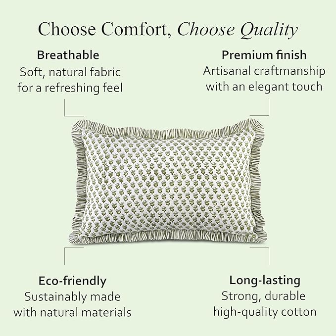 CPC Emerald Green 100% Cotton Block Print Ruffle Pillow Cover 20X30 inch Pack of 2, Handmade Boho Floral Pillowcase,Soft Decorative Queen Bed Pillow Cover for Bedroom Décor