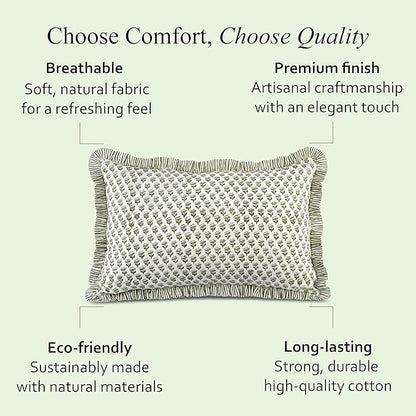 CPC Emerald Green 100% Cotton Block Print Ruffle Pillow Cover 20X30 inch Pack of 2, Handmade Boho Floral Pillowcase,Soft Decorative Queen Bed Pillow Cover for Bedroom Décor