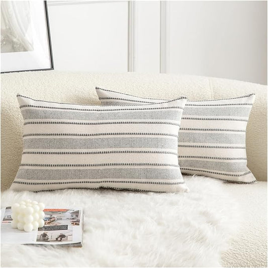 Decorative Boho Lumbar Throw Pillow Covers, Farmhouse Textured Pillow Case, 12 x 20 Inch Set of 2, Chair Sofa Bedroom Living Room Home Decor Couch Cushion Case, Grey and Beige