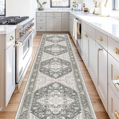 OPPODREAM Thin Entryway Rug 2x10, 2x10 Rug Runner, Washable Hallways Carpet 2 x 10 with Non Slip Backing, Low-Pile Bedside Carpet 2 x 10, Long, Faux Cashmere, Greenish Grey