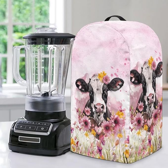 Kitchen Countertop Blender Cover with Drawstring Small Appliance Dust Protection 9.4”Lx7.2”Wx15.9”H Kitchen Blender Cover for Home Kitchen Decor Purple Flower Cow Print