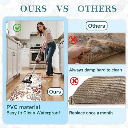 Kitchen Mats for Floor Cushioned Anti Fatigue Sets of 2 Coastal Kitchen Rugs Non Slip Waterproof Nautical Foam Kitchen Floor Rug Beach Theme Coral Fish Comfort Standing Mat for Sink Laundry, Red