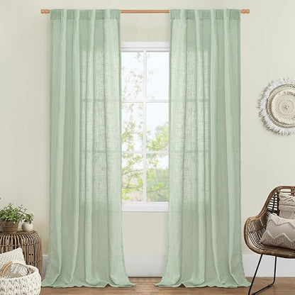 LAMIT Fresh Green Linen Curtains for Living Room, 84 inch Length Light Filtering Semi Sheer Drapes Back Tab and Rod Pocket Farmhouse Panels for Bedroom, 2 Panels, 34 x 84 Inch