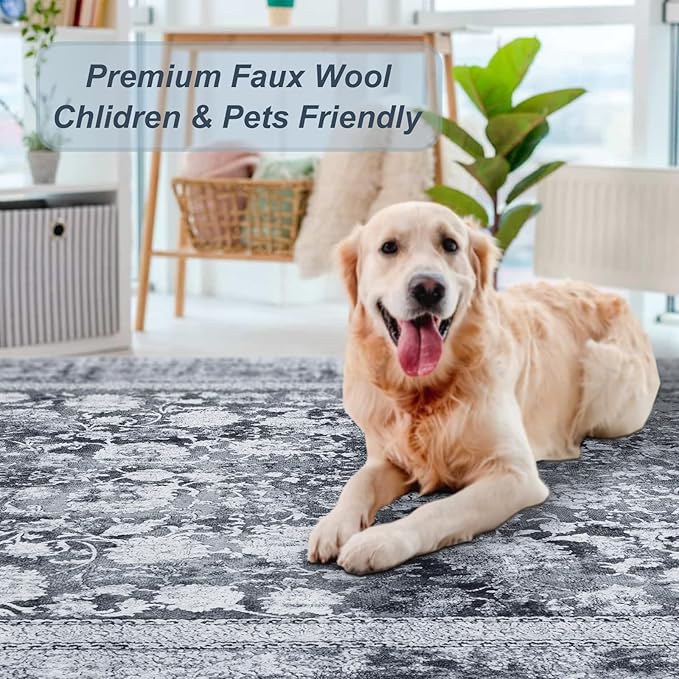 Area Rug 9×12, Large Vintage Boho Rug,Ultra-Soft Low Pile, Washable, Non Slip,Stain Resistant, Printed Carpet for Living Room Bedrooms Playroom Office Kitchen, Stone/Grey
