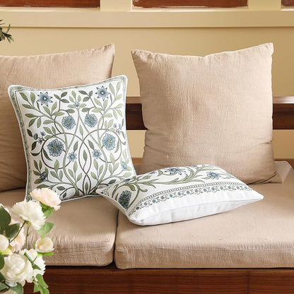 ISAENNE Design Fresh Linen Lumbar Throw Pillow Covers 12"x20", French White Cottage Cushion Covers with Green Branches Pattern Decoration Pillowcases for Bed,Living Room,Outdoor,Car