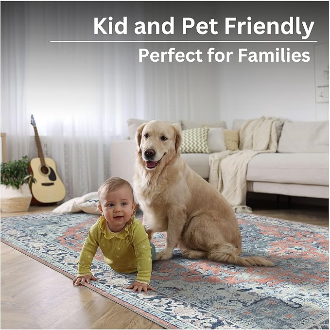 Bloom Rugs Washable Non-Slip 9' x 12' Rug - Coral/Blue Traditional Medallion Area Rug for Living Room, Bedroom, Dining Room, and Kitchen - Exact Size: 9' x 12'