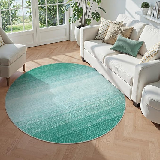Wonnitar Modern Ombre Round Area Rugs, 5ft Washable Large Teal Circle Rugs for Living Room, Non-Slip Soft Circular Low Pile Floor Throw Carpet for Bedroom Bathroom Kitchen (Teal, Round 5ft)