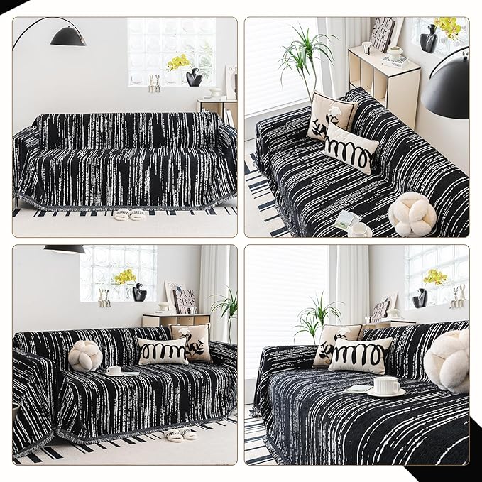 Chenille Couch Cover Pet Friendly, Sofa Cover Washable, Reversible Sofa Slipcover for Sectional Sofa, Loveseat, 2 or 3 Cushion Couch, Corner Sofa, Futon Cover (71" X 150", Black)