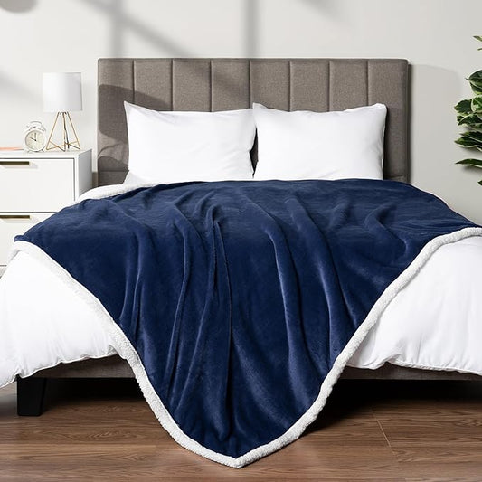 Pavilia Sherpa Fleece Blanket - Queen Size, Navy Blue, Plush Soft Fuzzy, Reversible Winter Blanket for Women & Men, 90x90 Inches