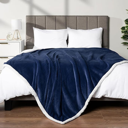 PAVILIA Sherpa Fleece Throw Blanket for Couch, Twin Size, Navy Blue, Plush Soft Fuzzy Sofa Blanket, Cozy Reversible Winter Throw for Women Men, 60x80 Inches