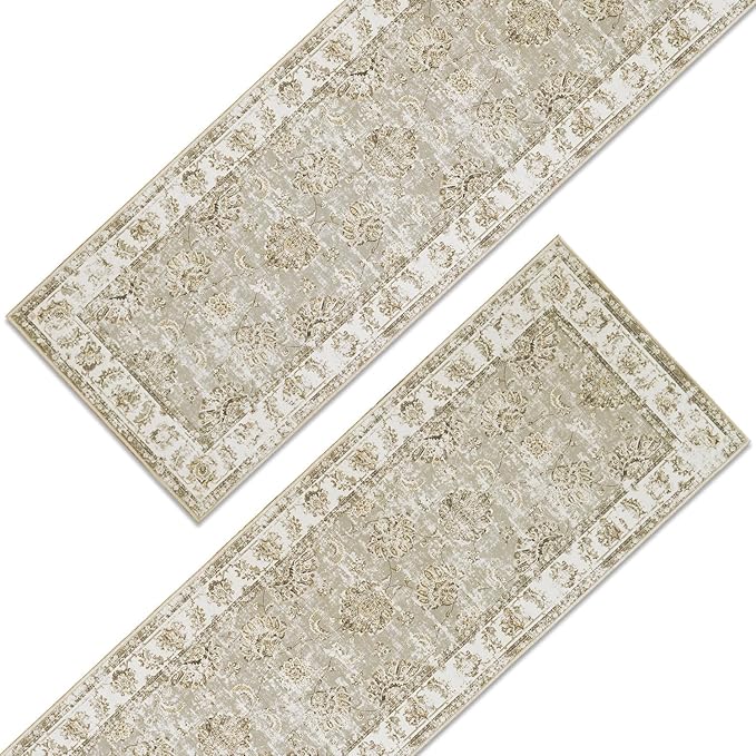 jinchan Fiora Runner Rug 3x8-2pcs Kitchen Washable Vintage Hallway Rug Floral Print Floor Cover Indoor Thin Retro Mat Accent for Bathroom Laundry Room Bedroom Office Farmhouse (Double, Taupe)