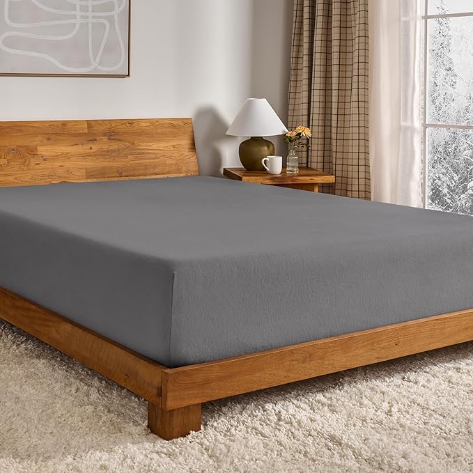 Bare Home Flannel Fitted Bottom Sheet 100% Cotton, Velvety Soft Heavyweight - Double Brushed Flannel - Deep Pocket (Queen, Grey)