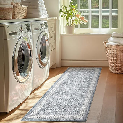 jinchan Runner Rug 2x6 - Machine Washable Grey Vintage Floral Distressed Design Soft Non-Slip Low-Pile Ultra-Thin Runner Rug for Kitchen Hallway Laundry Room Entryway Farmhouse (2‘x6', Grey)