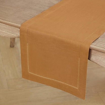 Solino Home Linen Brown Sugar Table Runner 108 Inches Long - 100% Pure Linen 14 x 108 Inch Table Runner - Classic Hemstitch