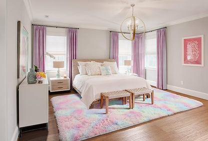 ONASAR Rainbow Area Rugs for Living Room Girls Bedroom, 5x8 Fluffy Rug, Washable Indoor Ultra Soft Plush Shaggy Large Floor Carpets for Nursery Kids Baby Girl Teen Dorm Playroom Home Decor Aesthetic