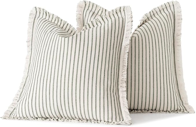 MIULEE Pack of 2 Olive Green Christmas Pillow Covers 22x22 Inch Striped Farmhouse Couch Throw Pillow Covers with Fringe Chic Linen Decorative Cushion Covers for Sofa Living Room Bed Outdoor Home Decor