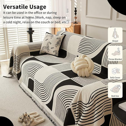 Boho Couch Cover Sofa Covers Washable, Chenille Couch Covers for 3 Cushion Couch Sofa Pet Friendly, Bohemian Sofa Slipcovers for Sectional Sofa, Loveseat, 2 3 4 Seater (71" x 134", Black)