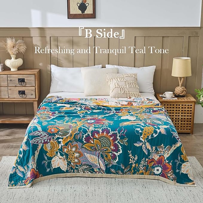 Farmhouse Throw Blanket, 80"x 98" Boho Throw Blankets for Couch Cover, 100% Cotton Bohemian Vintage Quilt for All Seasons Reversible Florals Lightweight Picnic Blankets Home Decoration