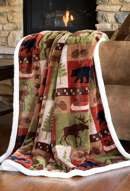 CARSTENS, INC. Ultra Premium Super Soft Plush Sherpa Fleece Oversized Throw Blanket 54" x 68", Patchwork Lodge