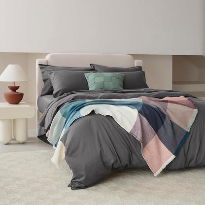 Double Stitch Cotton Tencel Duvet Cover - Queen Size Comforter Cover, Luxury & Soft Eucalyptus Lyocell Bedding Set for Hot Sleepers, Cooling, Smooth & Breathable, Button Closure, Ash Black, 90"x90"