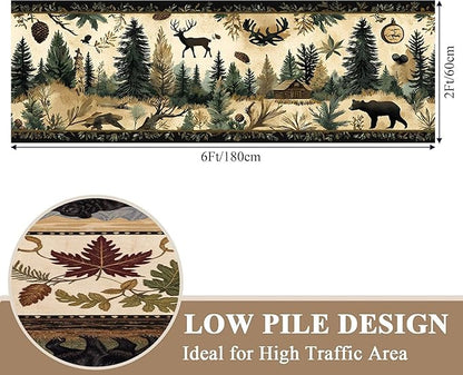 Brown Bohemian Bear Runner Rug 4x10ft with Elk Cabin Pinecone - Foldable Vintage Floor Mat for Farmhouse Decor, Thick Non-Skid Rug Indoor Outdoor Use, Forest Lawn Pattern