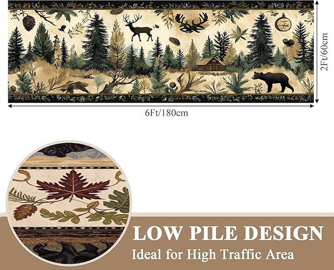 Brown Bohemian Bear Runner Rug 3.3x10ft with Elk Cabin Pinecone - Foldable Vintage Floor Mat for Farmhouse Decor, Thick Non-Skid Rug Indoor Outdoor Use, Forest Lawn Pattern