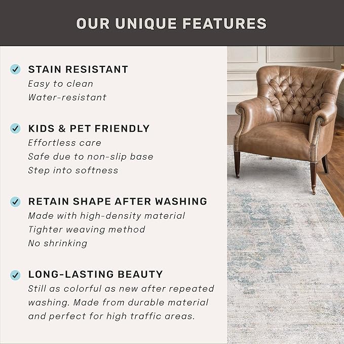 Modern Farmhouse Area Rug for Living Room - 10x14 Blue Gray Big Rug for Dining Room Table, Lightweight Foldable Low Pile Washable