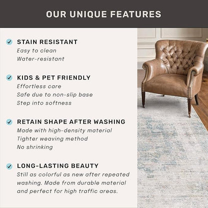 Washable 6x9 Bedroom Rug - Blue Grey Modern Rug for Living Room, Dining Room Table, Non Slip Soft Faded Print Mat