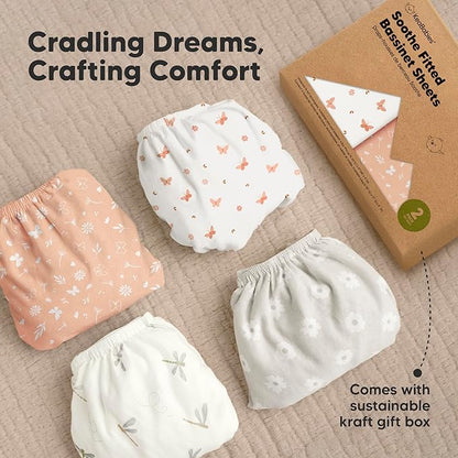 2-Pack Organic Bassinet Sheets for Girls, Boys - 100% Cotton Bassinet Mattress Sheets Compatible with Halo Bassinest Swivel Sleeper, Graco, Baby Delight, Chicco, Fitted Bassinet Sheets (Butterflies)