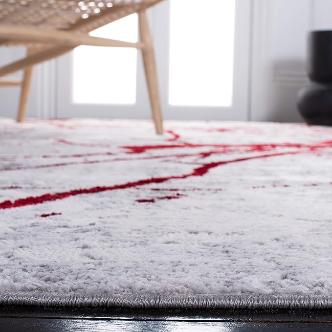 SAFAVIEH Amelia Collection 6'7" Round Grey/Red ALA293L Modern Abstract Non-Shedding Entryway Foyer Living Room Bedroom Kitchen Area Rug