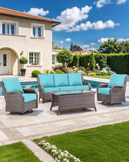 Luxury 22x24/22x25 6-Inch Outdoor Cushions for 5 Peice Patio Furniture Set - Set of 5 Water-Resistant Pillow for Dining Rocking Swivel Chairs Loveseat Couch Sectional Sofa - Turquoise