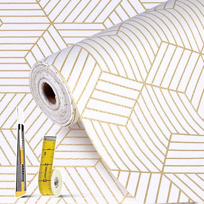 Shelf Liners for Kitchen Cabinets Non Adhesive Shelf Liner Paper Non-Slip Thickened Drawer Liner Easy to Clean for Tool Box Refrigerator with Knife and Tape Measure, Gold Geometric, 17.3 x 354.3 in