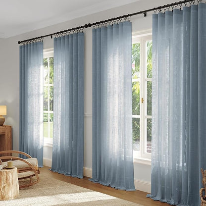 Anmao Natural Linen Curtains for Living Room 63 Inch Length 2 Panels Set, Light Filtering Semi Sheer Window Curtain Drapes for Bedroom with Curtain Rings and Clips, 52 Inch Wide Each Panel, Haze Blue