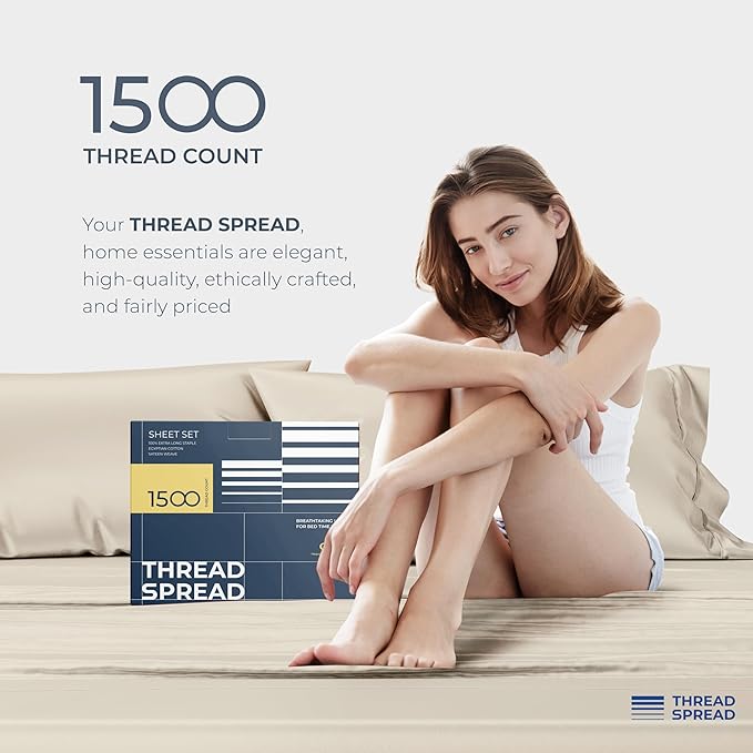 THREAD SPREAD 100% Egyptian Cotton King Size Sheets Set - Luxury 1500 Thread Count Egyptian Cotton Sheets King Size, 17" Deep Pocket, Soft, Cooling Sateen Weave Hotel Quality Bedding Set - Beige