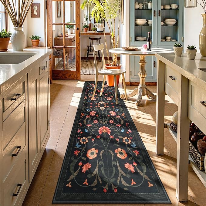 LIVEBOX Black Runners for Hallway - Boho Floral 2'6"x10 Washable Runner Rug, Non-Slip Kitchen Runner Rug, Soft Low-Pile Non-Shedding Carpet Runners for Hallway Entryway Bedroom Bathroom Farmhouse