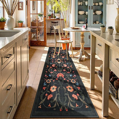 LIVEBOX Black Runners for Hallway - Boho Floral 2'6"x10 Washable Runner Rug, Non-Slip Kitchen Runner Rug, Soft Low-Pile Non-Shedding Carpet Runners for Hallway Entryway Bedroom Bathroom Farmhouse