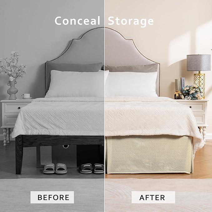 MIYE Pleated Waffle Weave Bed Skirt, Tailored Dust Ruffle 12 Inch Drop Easy Fit, Machine Washable,No Split Corners(Light Beige, Full - 12" Drop)