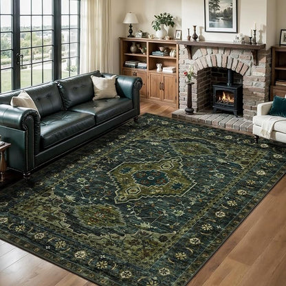 Tangsoo 8x10 Area Rugs for Living Room, Washable Rugs Oriental Vintage Indoor Non Slip Large Area Rugs, Print Carpet, Soft Low Pile Rug Foldable Floor Rug for Bedroom Dining Room Dorm Olive Green