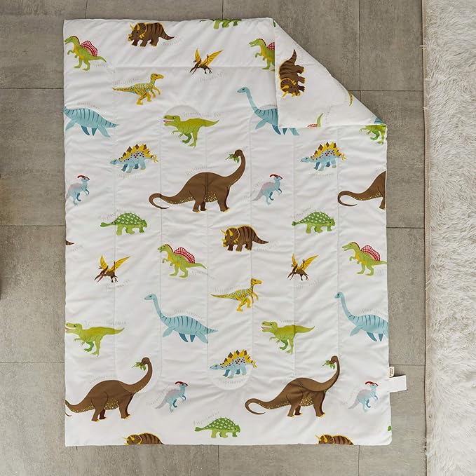 4 Pieces Toddler Bedding Set Dinosaur White with Colorful Dinos and Monsters Toddler Comforter Sheet Set for Autumu and Winter Includes Comforter, Flat Sheet, Fitted Sheet and Pillowcase