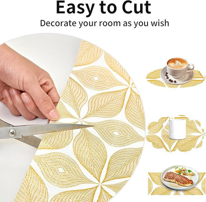 Shelf Liners for Kitchen Cabinets 17in x 30FT, Non Adhesive Cabinet Liner Strong Non-Slip Golden Leaf Drawer Liner, Easy to Clean for Shelf, Cabinet with Knife and Tape Measure