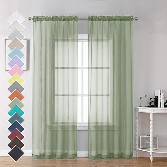 OVZME Sage Green Sheer Curtains 90 Inches Long 2 Panels - Soft Light Filtering Window Sheer Panels for Living Room/Bedroom, Top Dual Rod Pocket, 1 Pair, Each 42Wx90L Inches