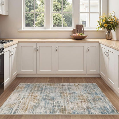 Area Rug for Living Room: 3x5 Washable Neutral Abstract Modern Soft Rugs Non Slip Indoor Floor Stain Resistant Carpet for Bedroom Dining Room Office Nursery - Blue Brown