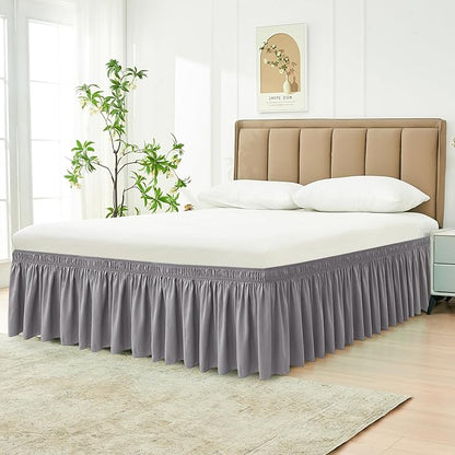 Biscaynebay Wrap Around Bed Skirts for Queen Size Beds Short Drop of 12", Silver Grey Adjustable Elastic Dust Ruffles Easy Fit Wrinkle Resistant Silky Luxurious Fabric Machine Washable