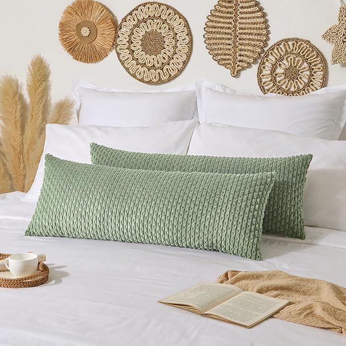 Kevin Textile 20x54 Inch Long Body Lumbar 1 Pack Boho Decorative Throw Pillow Cover Soft Striped Corduroy Rectangle Cushion Case Farmhouse Accent for Living Room Couch Sofa Bed, Sage Green