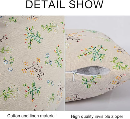 Spring Flower Lumbar Throw Pillow Cover 12x 20 Set of 2, Embroidered Branch Farmhouse Neutral Linen Pillow Cushion Cases, Decorative Pillows for Bed, Outdoor Couch Bedroom Car Green